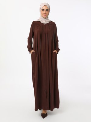 Kahverengi Fermuarlı Medine İpeği Ferace