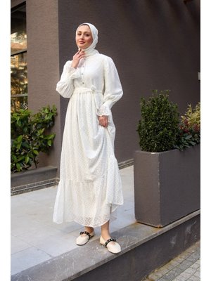 Beyaz Tül Detay Kemerli Elbise Beyaz Tül Detay Kemerli Elbise