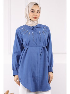 İndigo Önü Taşlı Modal Tunik