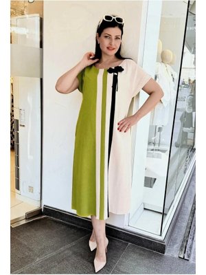 Yeşil Büyük Beden Garnili Keten Elbise