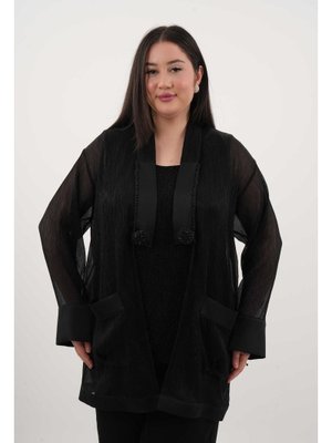 Siyah Büyük Beden Şal Yaka İşleme Detaylı Ceket