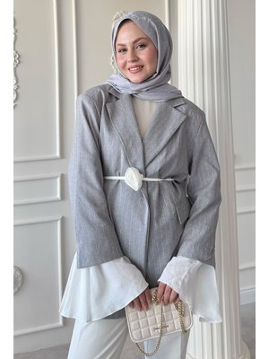 Çizgili Kolları Volanlı Gri Blazer Ceket Çizgili Kolları Volanlı Gri Blazer Ceket
