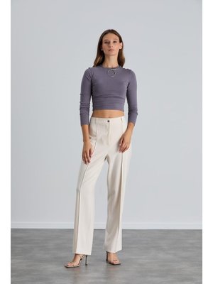 Krem Yüksek Bel Çimalı Palazzo Pantolon