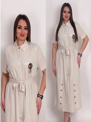 Büyük Beden Keten Kuşaklı Gömlek Elbise Ekru