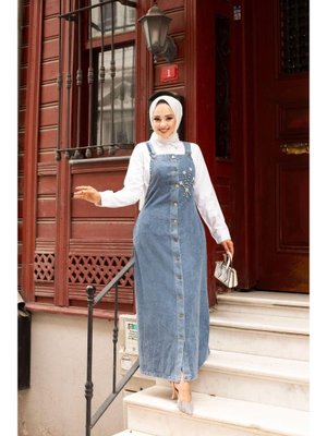 Taşlı Askılı Denim Salopet