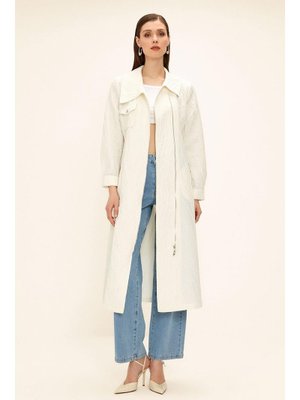 Ekru Mendil Yaka Fermuar Kapamalı Simli Jakar Desenli Astarsız Kap