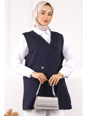 Lacivert Yan Bağlamalı Dügmeli Krep Yelek