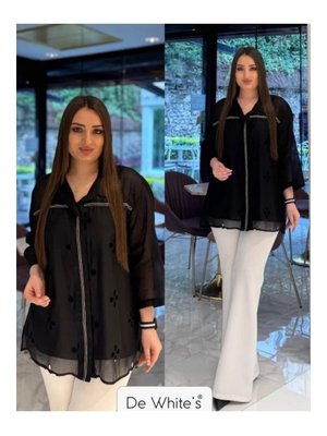 Siyah Büyük Beden Keten Ve Brodere Önü İşleme Detaylı Gömlek