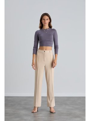 Bej Yüksek Bel Çimalı Palazzo Pantolon