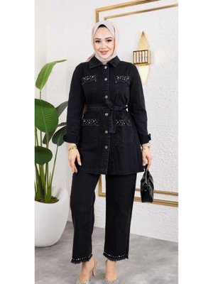 Taş Detaylı 2li Takım Kot Ceket Pantolon