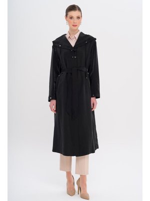 Siyah Kapüşonlu Çıt Detaylı Astarsız Kap