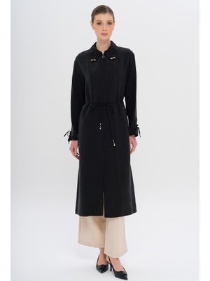 Siyah Yakası Boncuk Kolu Büzgü Detaylı Astarsız Modal Kap