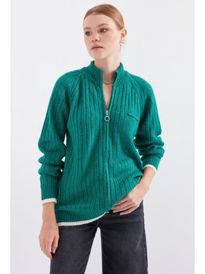 Zümrüt Yeşili Fermuarlı Triko Hırka