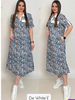 Büyük Beden Cep Kısmı Kapaklı Kollar Apolet Detaylı Keten Empirme Baskılı Elbise İndigo