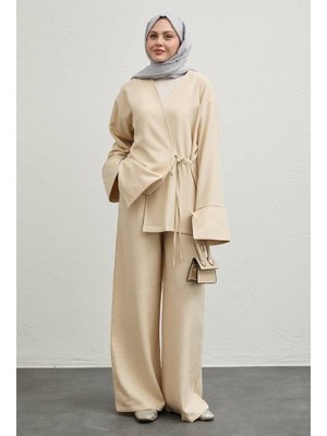 Keten Kimono İkili Bej Takım