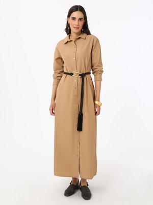 Camel Poplin Düğme Detaylı Elbise