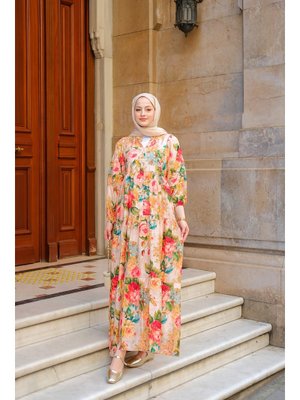 Nar Çiçeği Gül Desenli Elbise Nar Çiçeği Gül Desenli Elbise