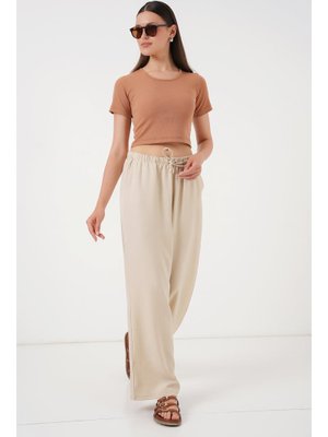 Krem Geniş Paça Keten Pantolon Krem Geniş Paça Keten Pantolon