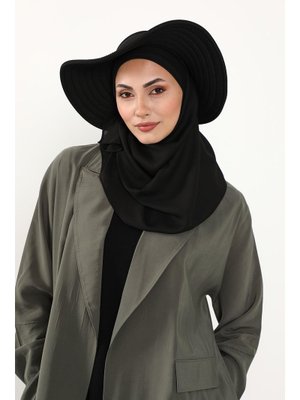 Siyah Çıkarılabilir Arkası Fiyonklu Şapkalı Pratik Krep Şal Türban,ss