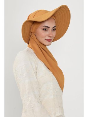 Hardal Çıkarılabilir Arkası Fiyonklu Şapkalı Pratik Krep Şal Türban,ss