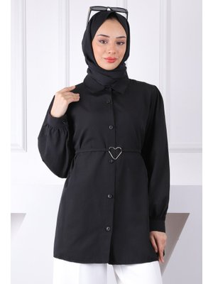 Siyah Kuşaklı Düğmeli Gömlek Siyah Kuşaklı Düğmeli Gömlek