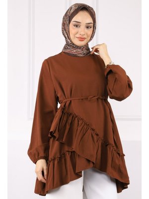 Kahverengi Eteği Katlı Fırfırlı Tunik