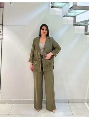 Haki Büyük Beden Cep Kapakları Aksesuar Detaylı Ceket