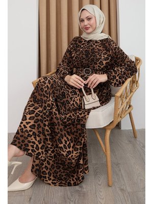Leopar Desen Kahverengi Viskon Elbise