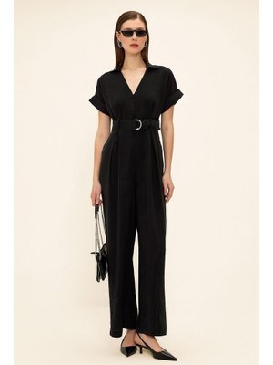 Siyah Kısa Kollu Kemer Detaylı Modal Tulum