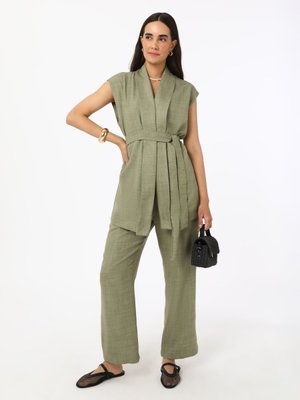 Haki Keten Görünümlü Yelek Pantolon İkili Takım