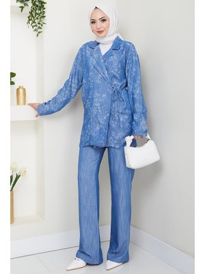 Kot Görünümlü Jakar Mavi Kimono Takım Kot Görünümlü Jakar Mavi Kimono Takım