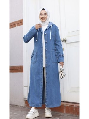 Cepli Düğmeli Kapüşonlu Denim Kot Trençkot