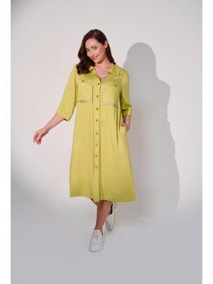 Yeşil Büyük Beden Çift Cepli Gömlek Elbise