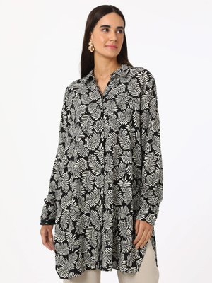 Siyah Beyaz Yaprak Desenli Viskoz Baskılı Tunik