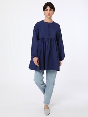 Lacivert Büzgü Detaylı Düğmeli Tunik