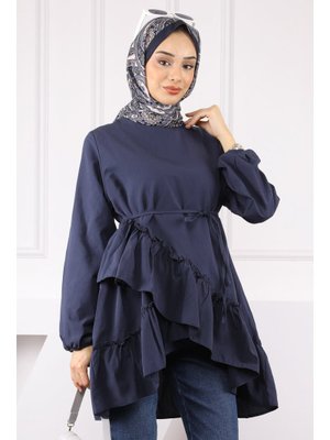 Lacivert Eteği Katlı Fırfırlı Tunik