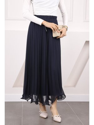 Lacivert Bel Lastikli Piliseli Şifon Etek