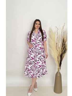 Fuşya Büyük Beden Kolları Apoletti Ve Biye Detaylı Gömlek Elbise