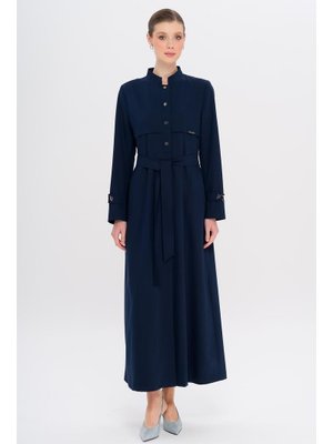 Lacivert Hakim Yaka Zincir Aksesuarlı Astarlı Pardesü