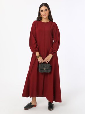 Bordo Keten Karışımlı Dikiş Detaylı Elbise