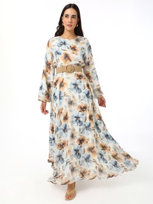 Kahverengi Çiçek Desenli Şifon Elbise