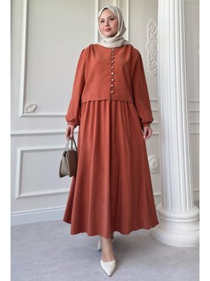 Düğmeli Tencel Etekli Kiremit Takım