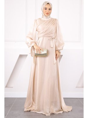 Bej Balon Kol Önü Drapeli Şifon Abiye Bej Balon Kol Önü Drapeli Şifon Abiye