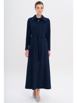 Lacivert Fermuarlı Metal Aksesuarlı Astarlı Pardesü
