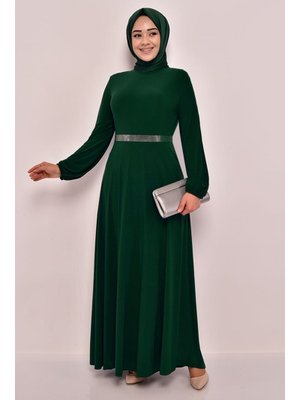 Giyim Moda Kemeri Taşlı Abiye Elbise Zümrüt