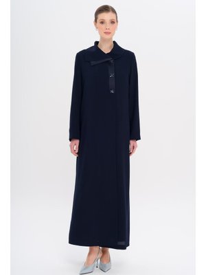 Lacivert Saten Garnili Düğmeleri Taşlı Astarlı Büyük Beden Pardesü