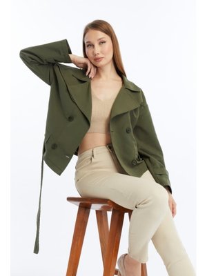 Haki Çift Yakalı Crop Trençkot Haki Çift Yakalı Crop Trençkot