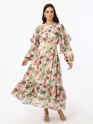 Pembe Çiçek Desenli Fırfır Detaylı Şifon Elbise