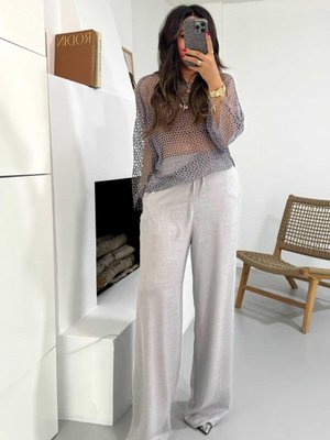 Gri Lastikli Keten Pamuk Palazzo Pantolon