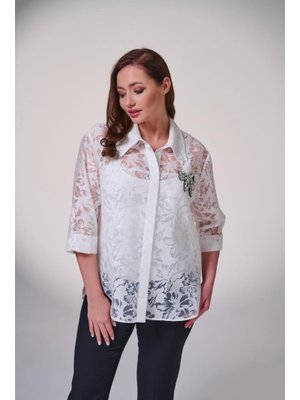 Ekru Büyük Beden Dantel İşleme Detaylı Abiye Gömlek